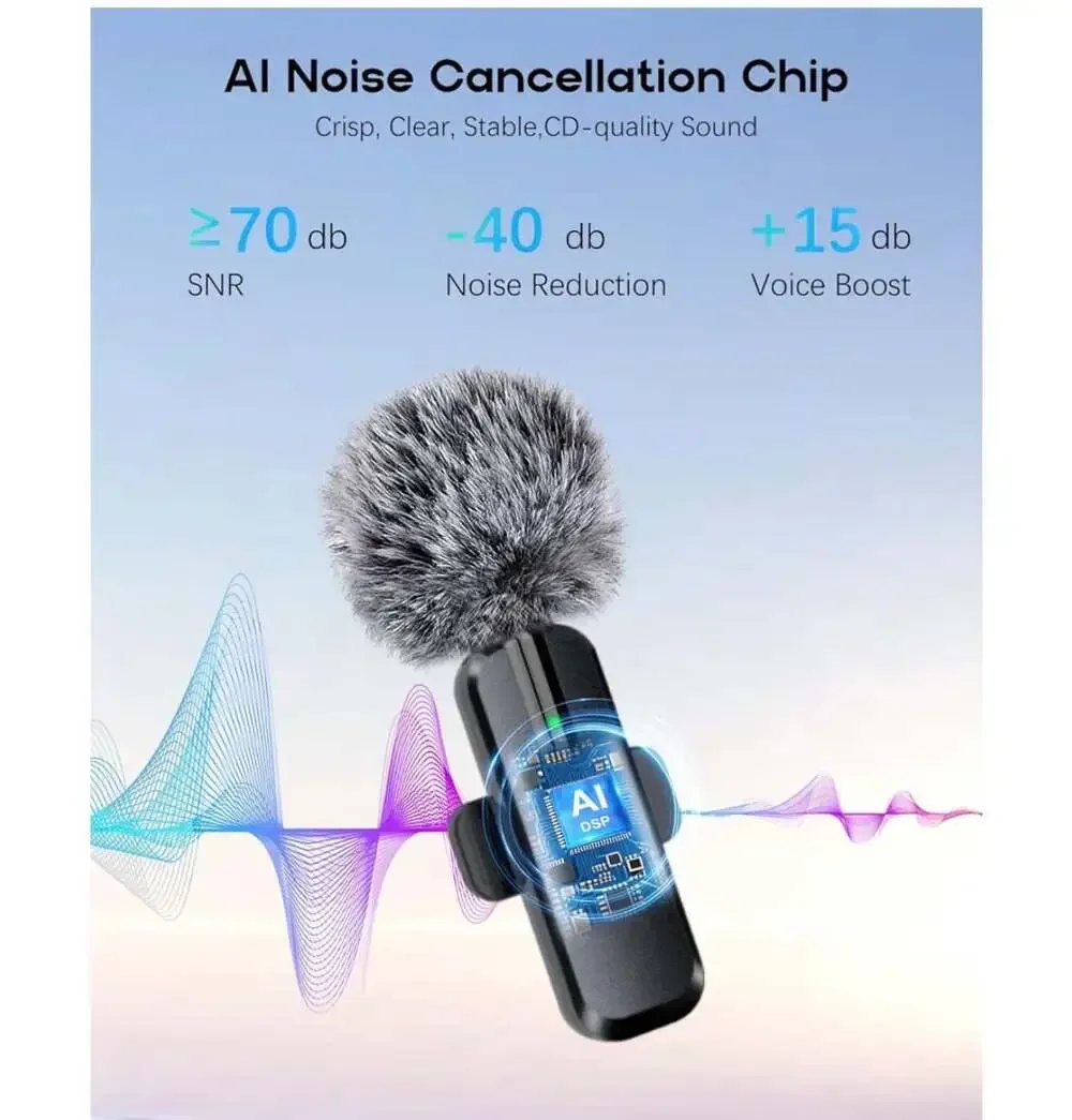 2-Pack Wireless Lavalier Mic with AI Noise Cancellation and Lightning/USB-C Adap